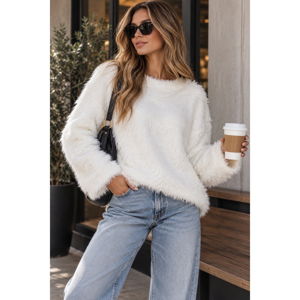 Zara Sweater Womens Size Large White Faux Fur Shaggy Eyelash Knit Winter